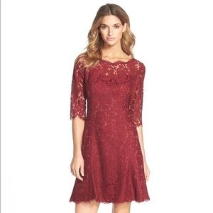 Eliza J Lace Illusion Neck Burgundy Tulip Sheath 3/4 Sleeve A-Line Lace Dress